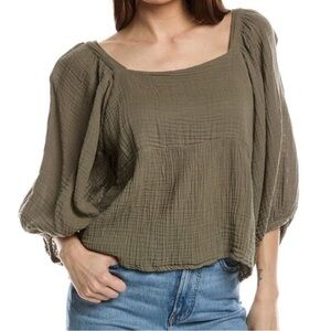 Michael Stars Avocado Green Gauze Puff Sleeve Boho Blouse Size M